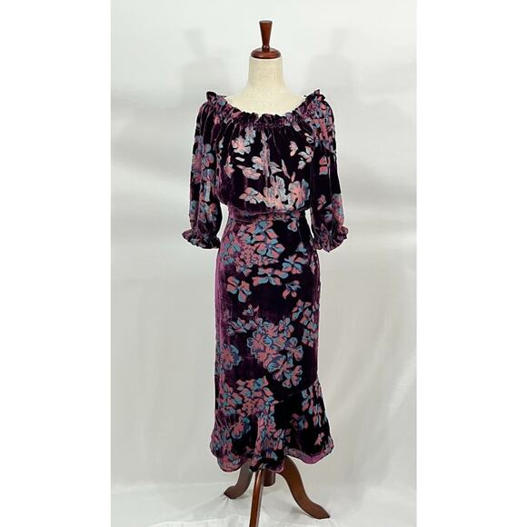 SALONI Sz 2 US 6 UK Plum Purple Floral Grace Off The Shoulder Dress - Picture 8 of 10